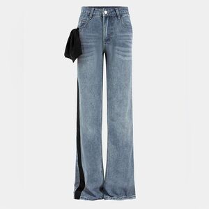 High-Waist Wide-Leg Jeans with Side Stripe - Light Blue